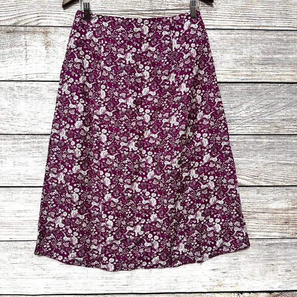 LOFT Petites 2P Floral A-Line Skirt Purple White Linen Blend Midi Slit Side - Picture 2 of 8